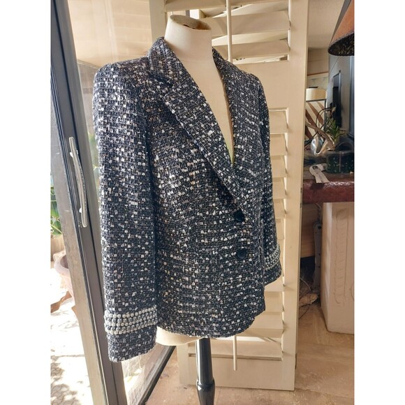 Joan Rivers Gray Black Tweed Blazer Sequin Pearl Detail Trim on sleeve Size 12 - Picture 8 of 9